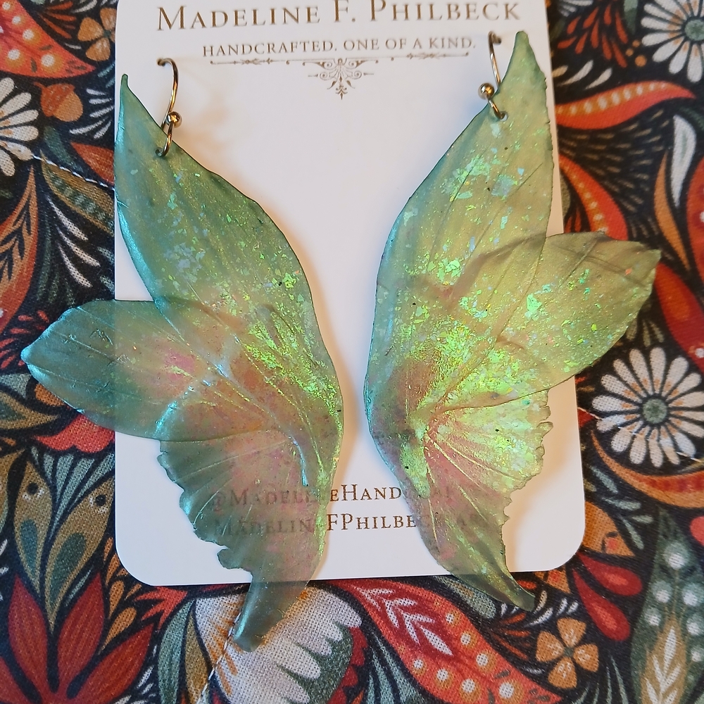 Iridescent Green Fairy Wing Earrings Made By Madeline F. Philbeck - New OOAK